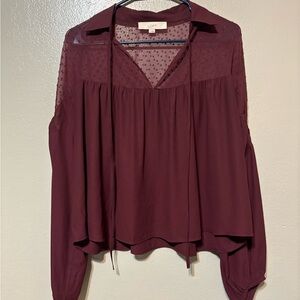LOFT Burgundy Sheer Dotted-Yoke Long-Sleeve Peasant Top Size S